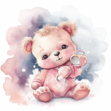 clipart, a whimsical illustration of a contented, loving and angelic baby teddy bear holding ababy pacifier/dummy on it's mouth, wearing pajamas, surrendered by pink fluffy clouds, Use a smooth and light watercolor technique to give the artwork a dreamy and ethereal quality