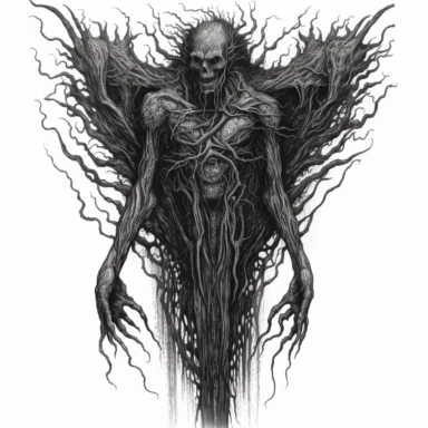 an intricate full-body ink drawing of a scary human demon with no face, pencil shading, black and white, white background, clipart