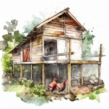 realistic watercolor backyard chicken coop with net cage on a totally white background, clipart