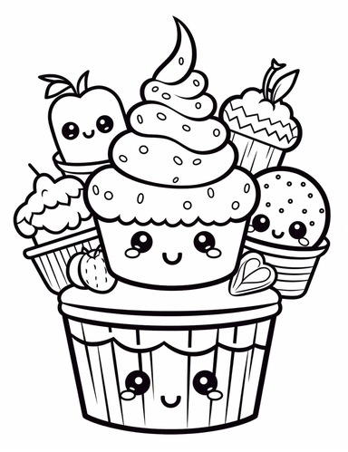 Kawaii Cake Icecream with delightful designs and flavors, like blueberry, chocolate chip, and banana For Simple Coloring page,line art, thick lines, black and white,clipart, illustration, on white background,margin Page 10px