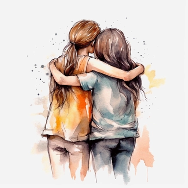 illustration, watercolor, best friend hug clipart, black outline, white background
