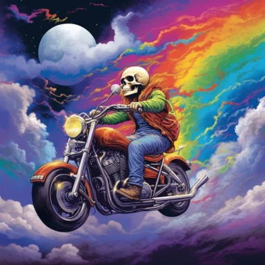 In the captivating clipart against the backdrop of a clear sky, a mesmerizing midjourney narrative unfolds. Here, a skull-headed motorcyclist defies gravity, riding atop a vibrant rainbow that stretches across the heavens. This enchanting image invites you to explore a tale of boundless freedom, dreams, and the exhilarating pursuit of the extraordinary. As you immerse yourself in the clipart, the skull-headed rider commands attention with their fearless presence. Their motorcycle effortlessly gl