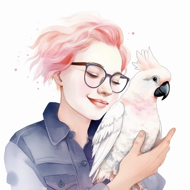 Adorable pet Cockatoo having happy moment with it's human owner, water color style, clipart, white background