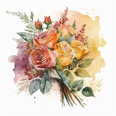 Generate a watercolor clipart of a bouquet with roses in a range of colors, including red, pink, yellow, and orange, arranged in a loose, hand-tied style.