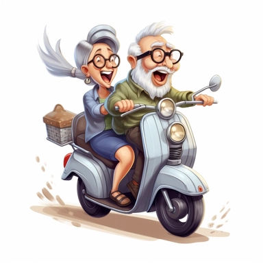 Cartoon Grandpa drove Grandma by motorbike, Funny Grandparents, extremely detailed, illustration clipart, on white background