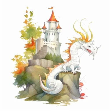 A devil white color fantasy dragon , scale , near a castle , bamboo tree , Perfect for nursery art and children's book illustration style, simple, cute, full color, clipart, watercolor illustration, single object, white background for removing background