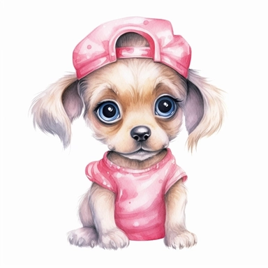 Cute cartoon baby dog girl with big eyes in beautiful pink pastel summer clothes, clipart, hand painting watercolor, watercolor paper textute , white background