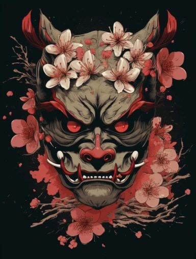 t shirt design,hannya mask, cherry blossoms, abstract, simple, clipart, detailed, vector graphic,