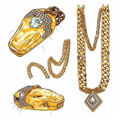 clipart neo elements, gold and diamond gaudy cuban chains cartier tiffany pandora Inspired clothing clipart vector isolated on a white background, rapcore