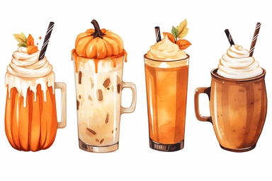 Set of Fall pumpkin spice cold coffee drinks, watercolor clipart, separate elements with a margin, isolated on a white background,