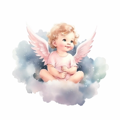 delightful watercolor image, full body cute newborn baby angel girl on white background, she is sitting on a cloud in pink dress and smiling gently. She has sparkling blue eyes twinkled with wonder and brown curls on her head, professional watercolor clip