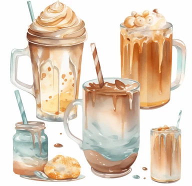 watercolor clipart iced chocolate coffee clipart, in the style of rococo pastel, masterful shading, teal and white, mural painting, lovely, multilayered dimensions, light orange and white