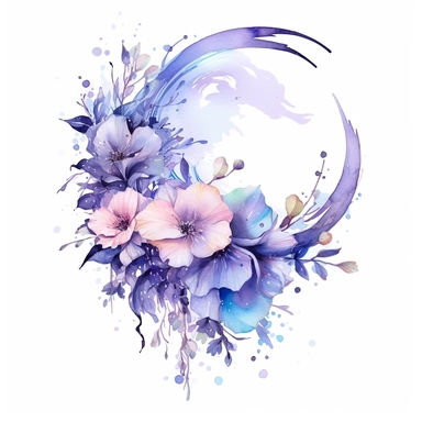 lunar flowers, watercolor, sparkles, clipart, white background, mystic, anime style
