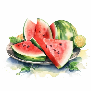 An Watermelon fruit with a slice cut out, placed on a plate or tray with other fruits or desserts , Watercolor, pastels, clipart, beautiful, colourfull, png transparent white background, high resolution, no caption q4 s2
