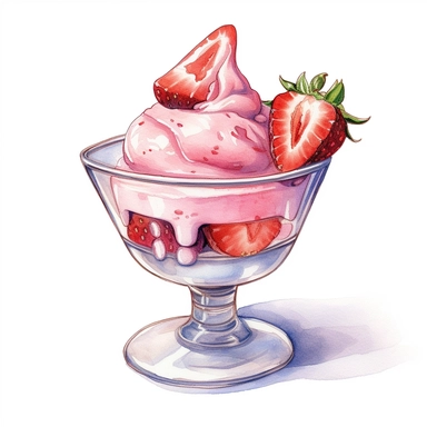 Strawberry icecream in Glass Bowl,watercolor clipart