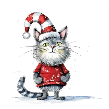 Axel scheffler illustration style Christmas cat, high definition, 8k, insanely detailed, fine detail, sharp focus, illustration, white background, isolated clipart vector