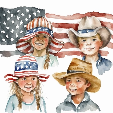 kids in hats, american flag watercolor clipart design, clear outline, white background