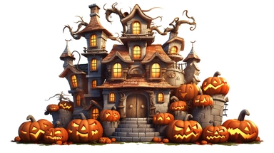 isolated images, illustrations on a white background, heavy armored castle walls exterior, halloween theme, pumpkins, spiders, witches, serene, dark fantasy ,Clipart, cartoon, realistic, isolated, full building, highly detailed, hdr, 32K, photo expert quality,game asset , hyperrealistic and highly detailed, isolated on a white background, Screenprint