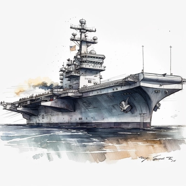 aircraft carrier, realistic looking, on the sea, detailed, watercolor, clipart, white background