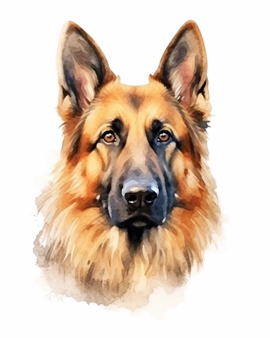 detailed watercolor German Shepherd head , realistic, isolated on a white background, clipart