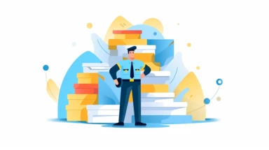 a simple flat microsoft office clip art style illustration of a security guard protecting stack of documents, white background, light blue yellow pastel color palette