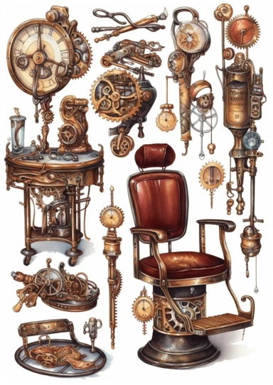 watercolor steampunk mechanical tools clipart set like mirror, lipstick, hat, chair, jewels, highly detailed ,clipart, hd, on white background, spaced out