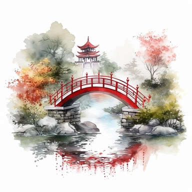 watercolor colorful clip art chinese garden with bridge, on white background,