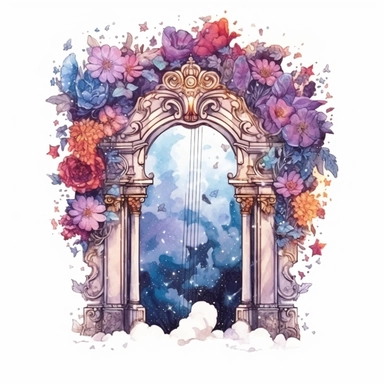 Galaxy Floral Gate Clipart, Watercolor Cartoon, hyper realistic, intricate detail, illustration style, high resolution, on the white background