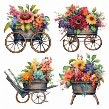 floral wheelbarrow watercolor clipart 7, in the style of h.n. werkman, wlad safronow, wilhelmina weber furlong, detailed, naturalistic charm, colorful arrangements, industrial themes