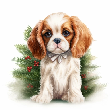 create a beautiful original high quality highly detailed watercolor clipart illustration of a small and adorable king charles cavalier puppy looking up at you with loving eyes celebrating Christmas day wearing a cute Christmas sweater in front of a gorgeo