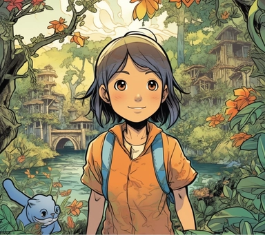 Blend of comic book art and lineart in a flat full color children's book in the style of Jilian Tamaki illustration. Yuna, an eight-year-old girl who recently immigrated to the United States from Japan. Despite the challenges of starting over in a new country, Yuna is a brave and adventurous spirit. She has a fair complexion, with rosy cheeks that glow with excitement when she explores her new surroundings. Her hair is long and straight, jet black in color, and often tied back in a high ponytail