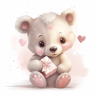 Clipart of a cute baby bear with a heart-shaped gift on a white background