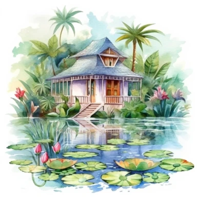 watercolor magical bungalow house in the tropical jungle with amazing garden clipart near the river, lotus plants on the water surface, peacefull, white background, 8k