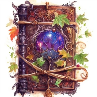 watercolor spell book, witchy motif's, vines, leather bound, clasp, illustration clipart, fantasy