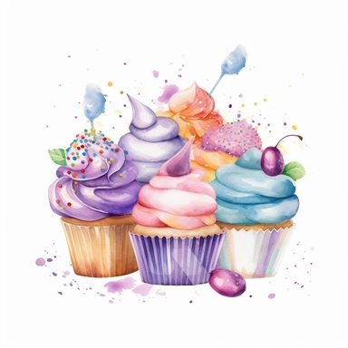 whimsical watercolour cute clip art party food on white background, gradient illustration style, pastels, clipart, beautiful, colourfull, png transparent white background, high resolution, no caption q4 s2