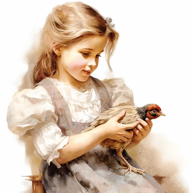 victorian vintage adorable little girl feeding chicken, full body, pastel beige colors, clipart style, accurate details, oil painting technique, super high quality, professional watercolor clipart, high resolution