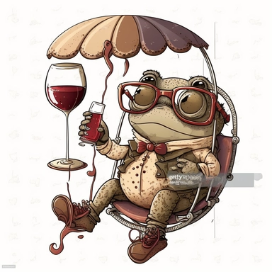 studious toad with glasses and red wine in his hand while hanging under a glider, vintage, funny, white background, clipart, no shadows, caricature