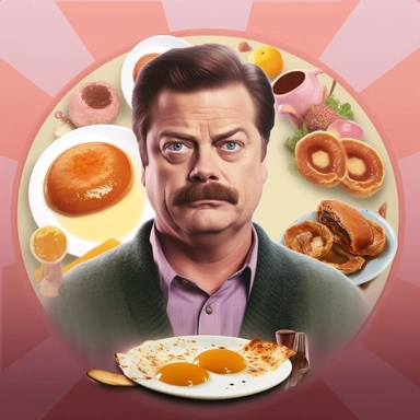 ron swanson in front of a huge plate of breakfast of the bacon and eggs clip art