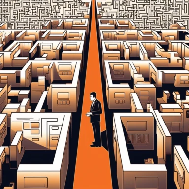 clipart business-person standing in front of a complicated maze made of office cubicles, in the cubicles there are people working behind desks with computers