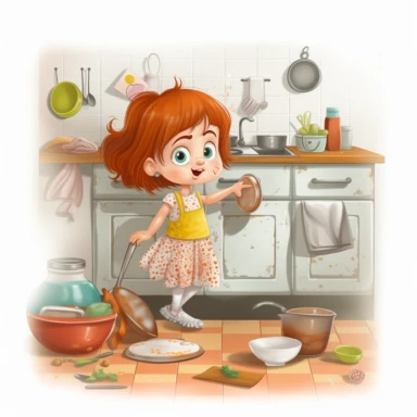 cute girl in the kitchen playing, clipart, white background, hdr