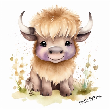 watercolour Happy Baby Buffalo Cartoon Clipart, Cute, no text