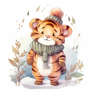 Cute tiger clipart ,happy expression, standing on the snow in dynamic pose, front side, in the style of watercolor cartoon clipart, kate greenaway style, high resolution, composition free space, pastel color scheme, soft and tender, watercolour clipart, watercolor illlustration for kids and children,isolated white background, clipart most popular on etsy, book illustration, featured on dribble,print on demand image, PNG tranparent background,composition medium shot, no text