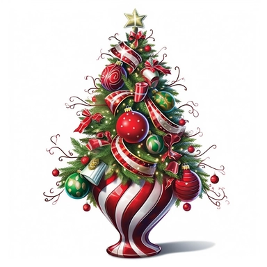 Christmas tree inside of a harlequin red and white urn whimsical themed. Big harlequin teardrop ornaments wrapped with Christmas lights around it clipart realistic
