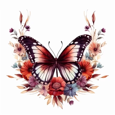 maroon butterfly on a flower border clipart, white background, watercolor, vector