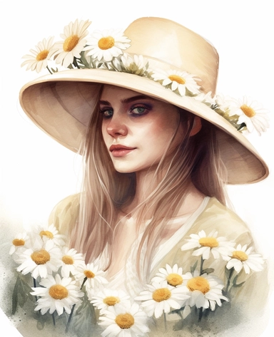 DESIGN A MAGNIFICENT AND EXQUISITE BREATHTAKING ONE-OF-A-KIND HIGH QUALITY HIGHLY DETAILED MASTERPIECE WATERCOLOR CLIPART ILLUSTRATION OF DAISY flowers in a hat, in the style of cartoon realism, beautiful women, cottagecore, realistic portrait drawings, light yellow and light brown, captivating realism, teal and white