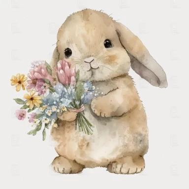 cute bunny holding flowers between hands clipart, watercolor, white background