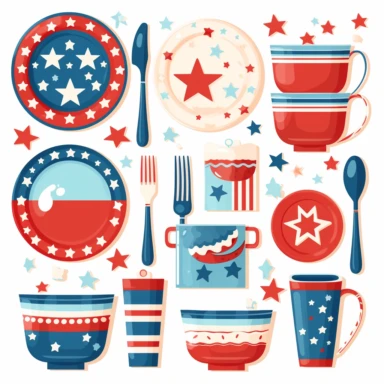 Party Tableware: Create clipart of party tableware, including plates, cups, napkins, and utensils. Experiment with different patterns, colors, and styles to create a coordinated and visually appealing set of tableware clipart.patriotic pattern, stars and stripes, red white and blue, delicate detail, watercolor, in the style of artgerm, 2d game art, quadratura, clipart, on white background,