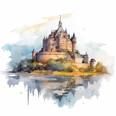 a France Mont Saint Michel in the style of watercolour clipart with detailed brush strokes