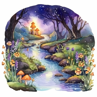 cartoon fairy glen by the River, grass and flowers line the sides if the river, glowing lights and sparkles, colors of green purple gold and blue, glamorous realistic and detailed, watercolor, white background with margins, clipart style