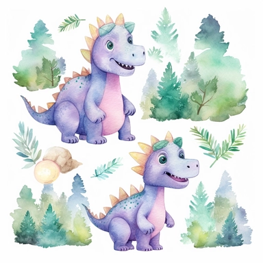 friendly, fluffy watercolor dinosaurs clipart, pastel colors, in the mountains, forest, separated, seamless, transparent background--AR 3:2